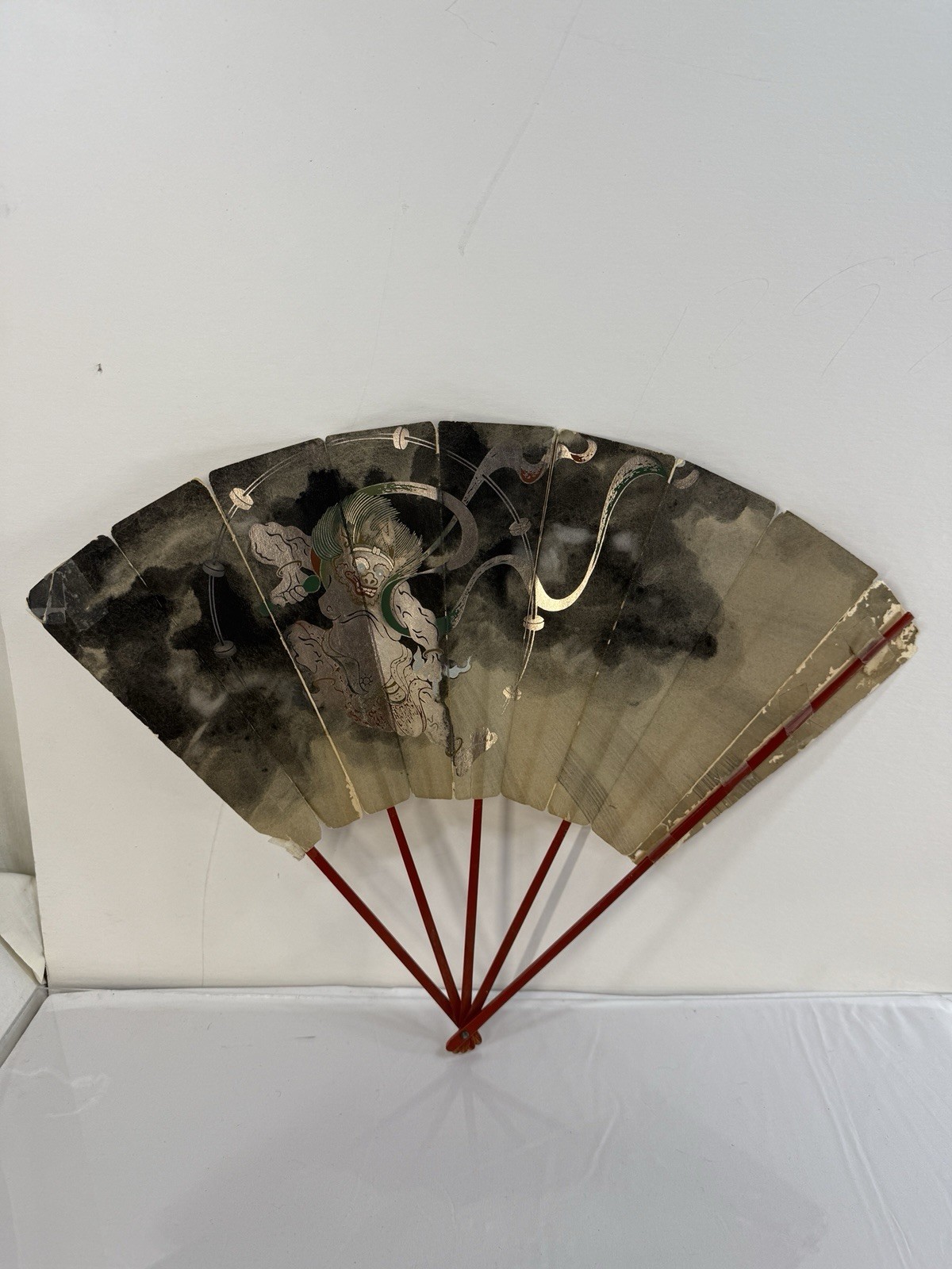Vintage Japanese Folding Fan Shimaisen Sensu VTG Bamboo Frame Gold Silver Shinto