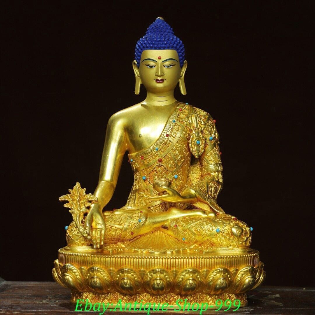 13″ Old Tibet Copper Painting Gilt Gems Menla Medicine Buddha Medical God Statue