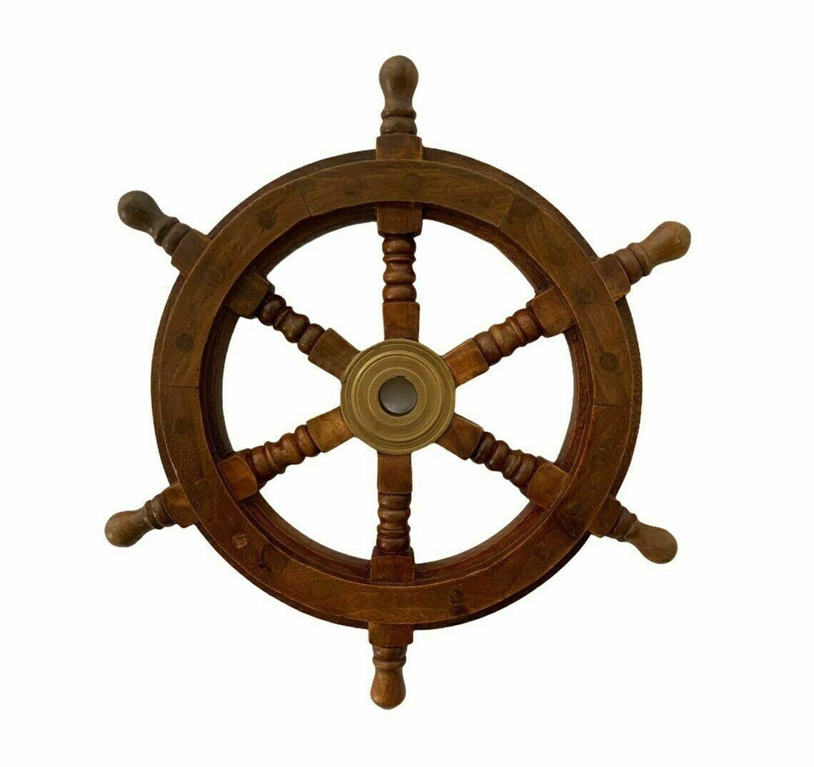 Nautical DESIGN Ship’s Time Heavy Solid Brass Porthole Quartz Clock Wooden Wheel