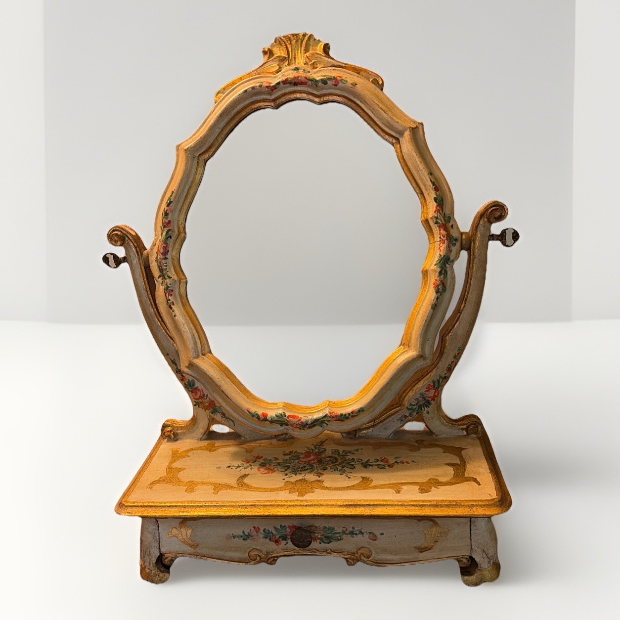 Ornate Antique Victorian Painted Vanity Dresser Top Mirror with Drawer