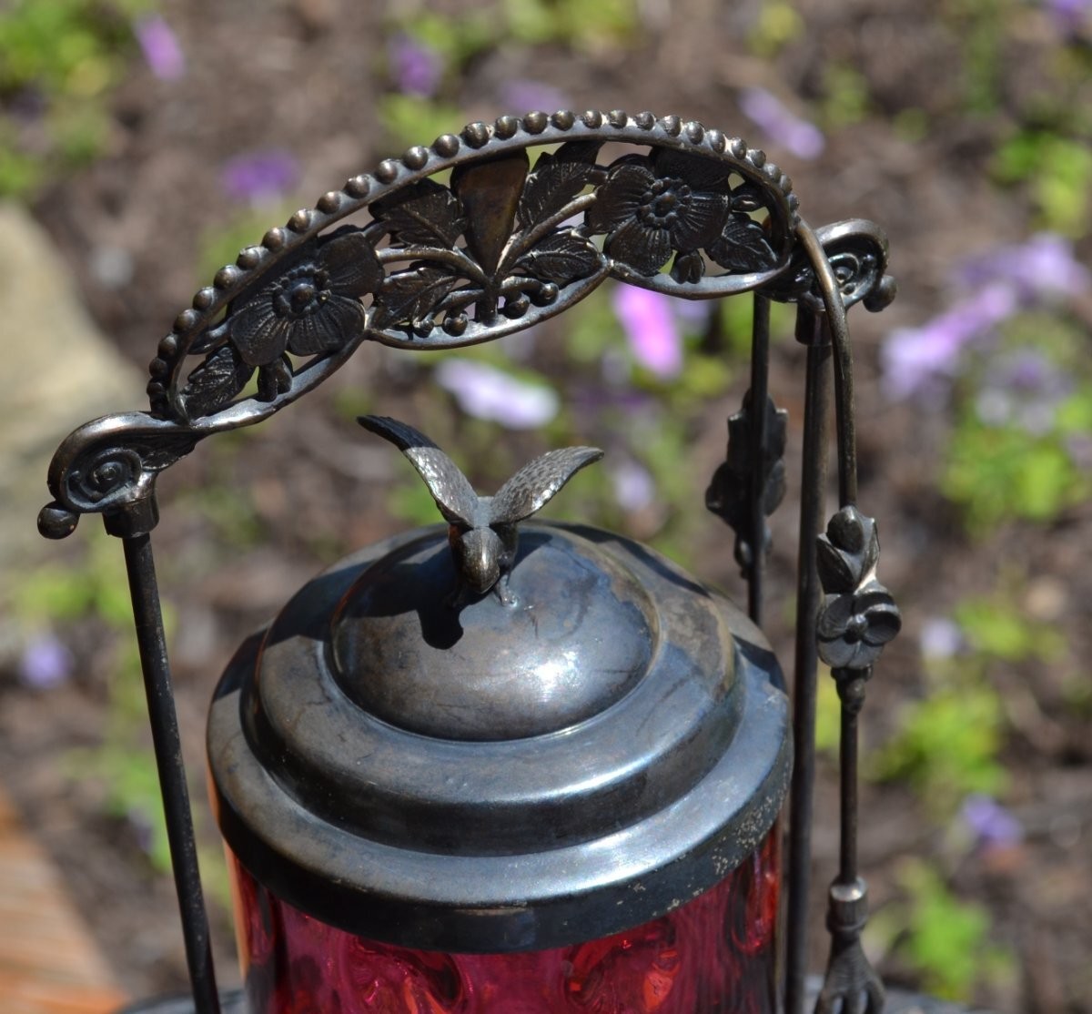 Victorian Pickle Castor Cranberry Glass Silver Plate Frame & Tongs Eagle Finial