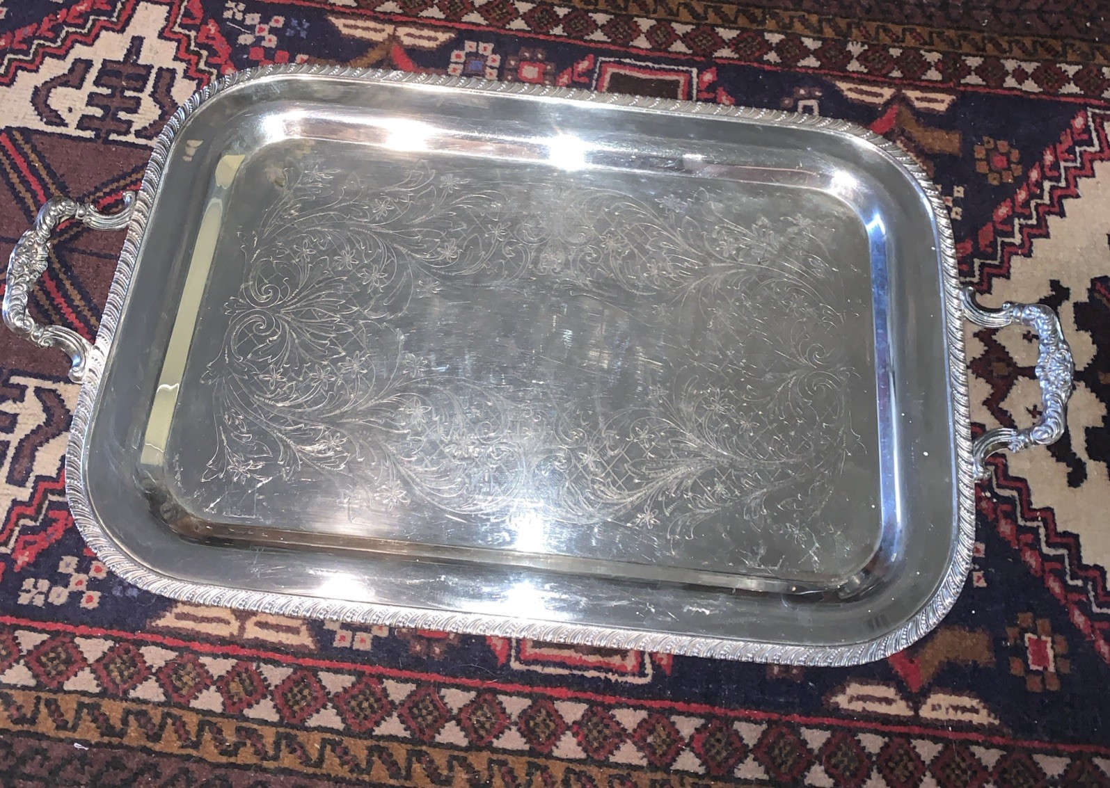 1883FBROGERSCO.Silver on Copper•6719 ServingTray 24 1/8″ X 14 1/8″ Rectangular