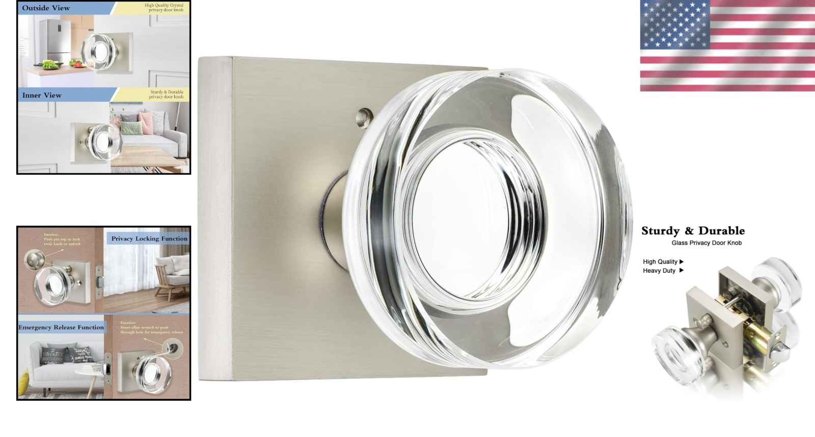 Satin Nickel Crystal Door Knobs with Lock