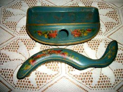 VICTORIAN FRENCH BLUE TOLEWARE CRUMBER TRAY BRUSH 1890s PRIMITIVE FRANCE AGED