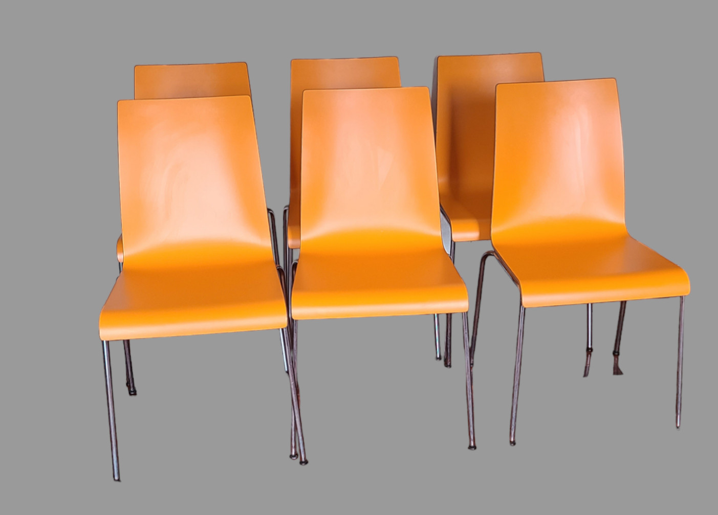 Vintage 6 Dining room Stackable Mid-Century Modern Orange Plywood Formica Chairs