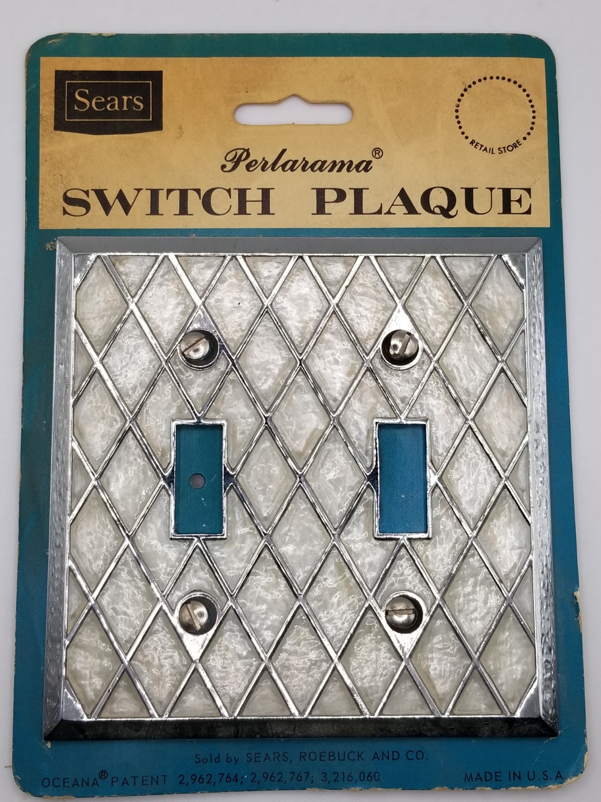 Sears Perlarama Double Light Switch Plate Chrome MCM Pearl Insert NOS USA