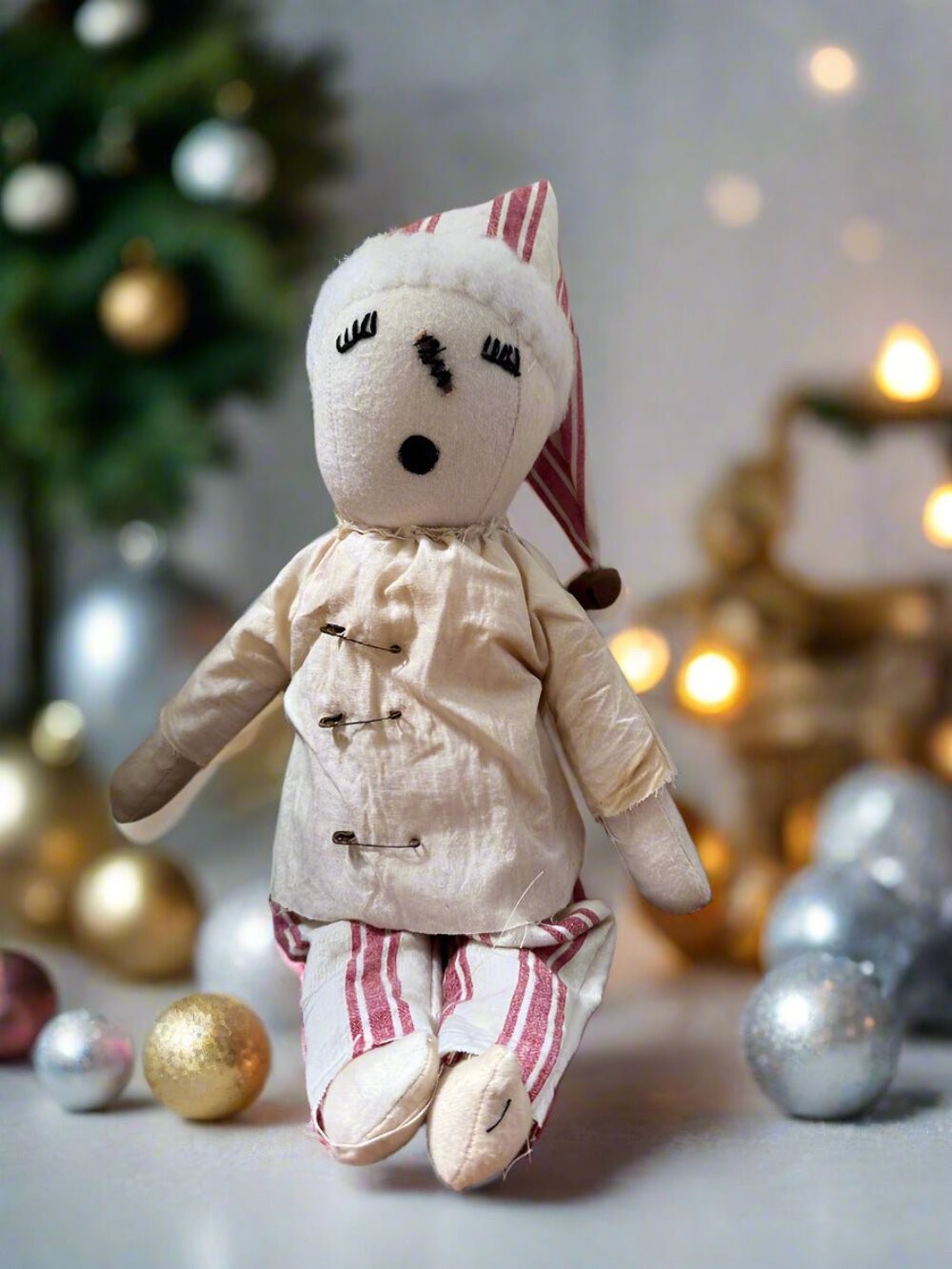 Handcrafted Christmas 13″ Sleepy Snowman Doll w/ Red Stripe Pants