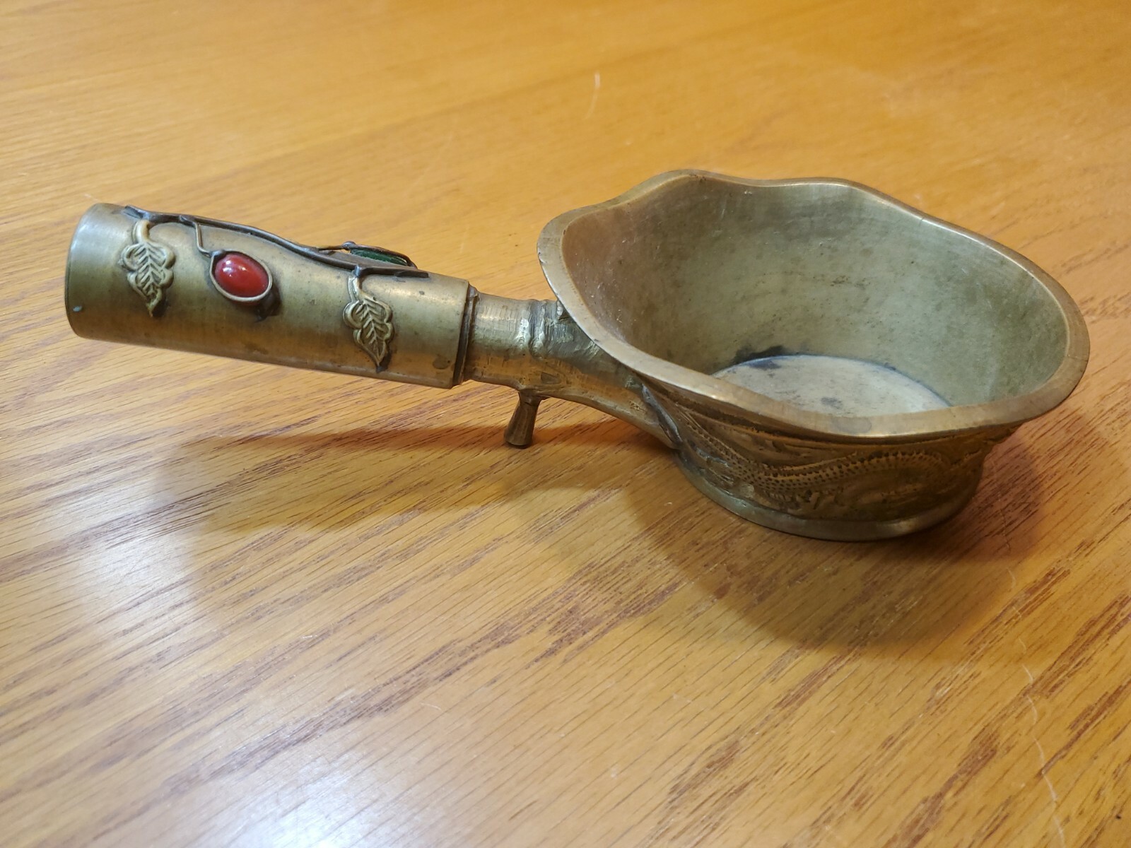 Vtg Chinese Brass or Bronze Libation Cup Dipper with Red Green Ornate Handle