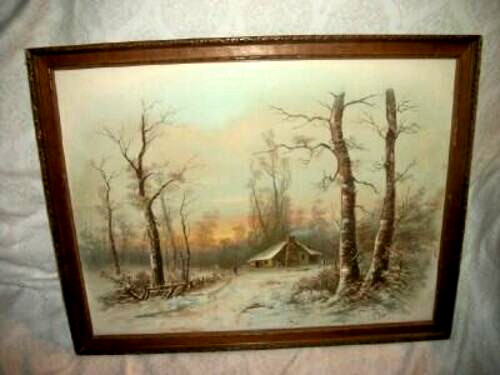1890s LITHOGRAPH WILLIAM HENRY CHANDLER WINTER CABIN SCENE SIGNED PRINT