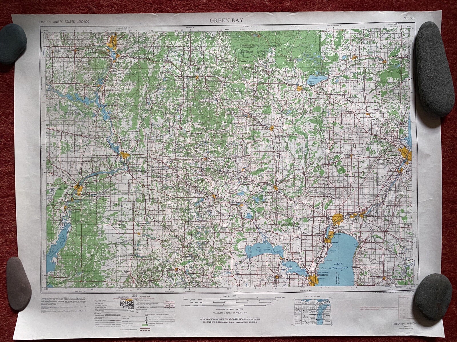 Green Bay-Oshkosh-Wausau Area 1955 Topographical Map-22×29”-vtg-mid-century-RArE