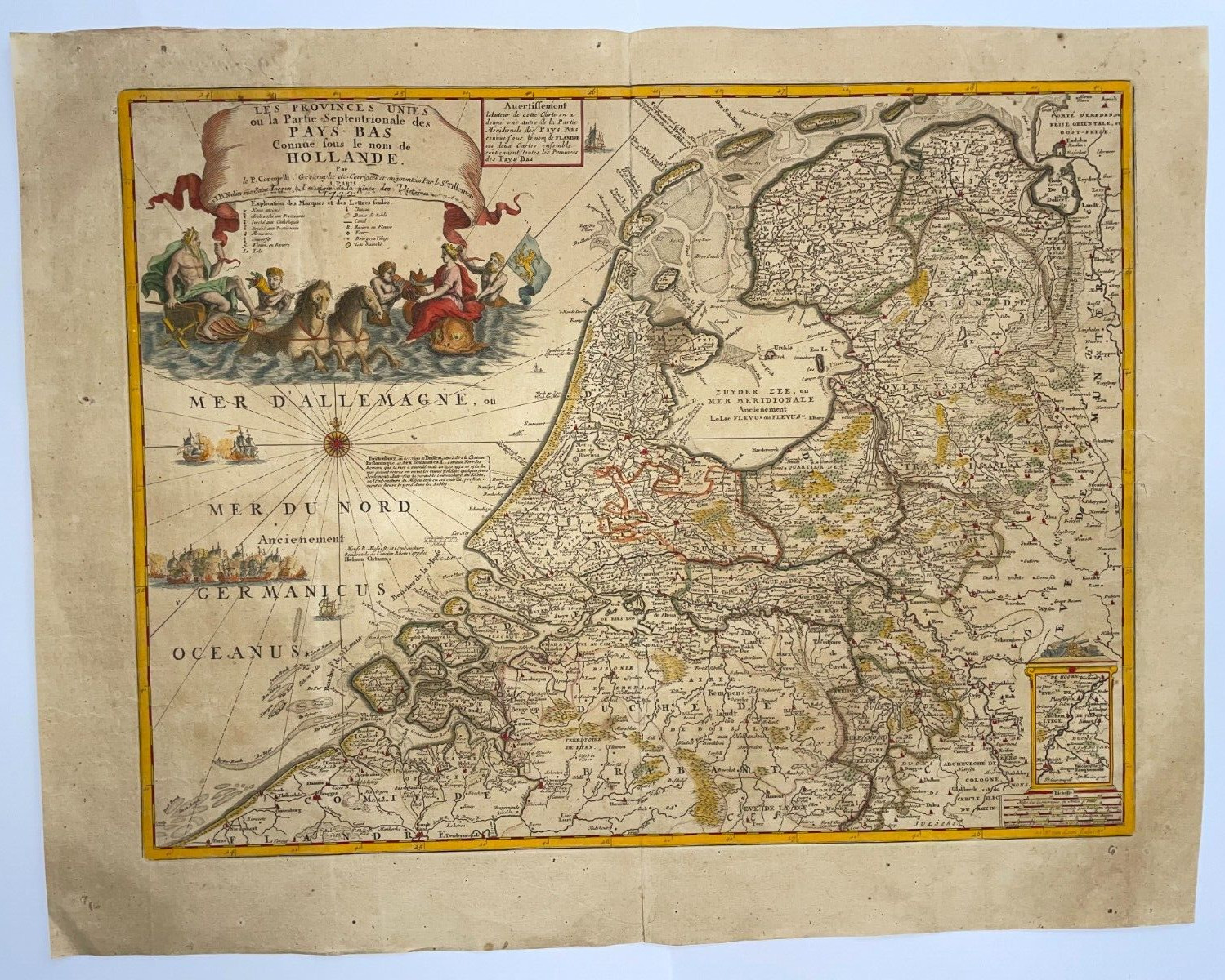 NETHERLANDS 1742 CORONELLI / NOLIN LARGE ANTIQUE ENGRAVED MAP 18TH CENTURY