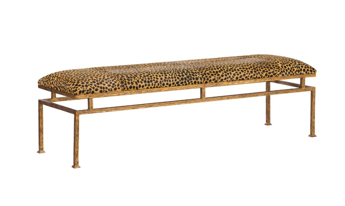 LEOPARD HIDE SKIN & LEATHER METAL BENCH-60”W