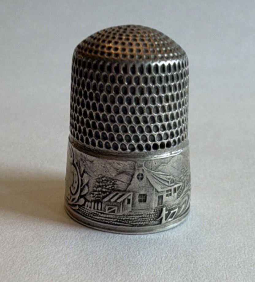 Simons Bros. Victorian Landscape Gray Sterling Silver Thimble 1850-1899