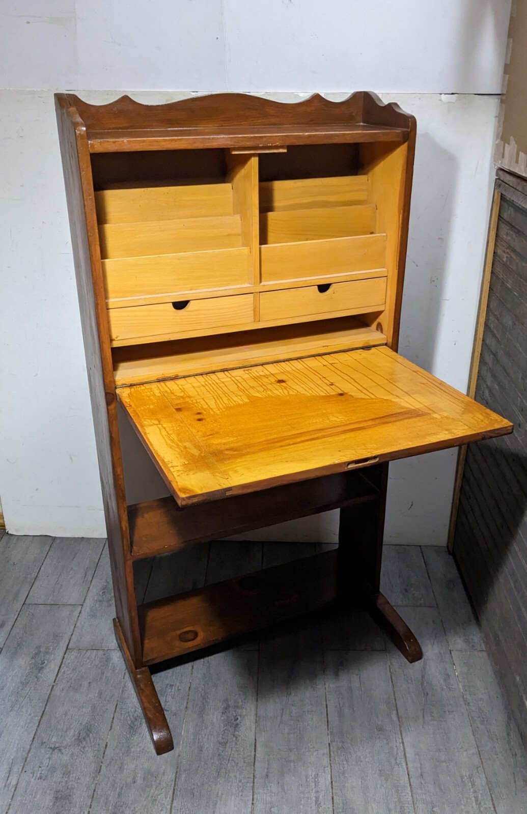 Vintage/Antique Rustic Drop Front Solid Wood Secretary/Writing Desk w/ Bookshelf