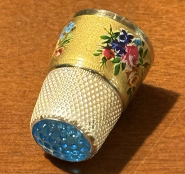 Vintage Sterling Silver Enameled Floral Thimble Sky Blue Glass Top Crown Size 7