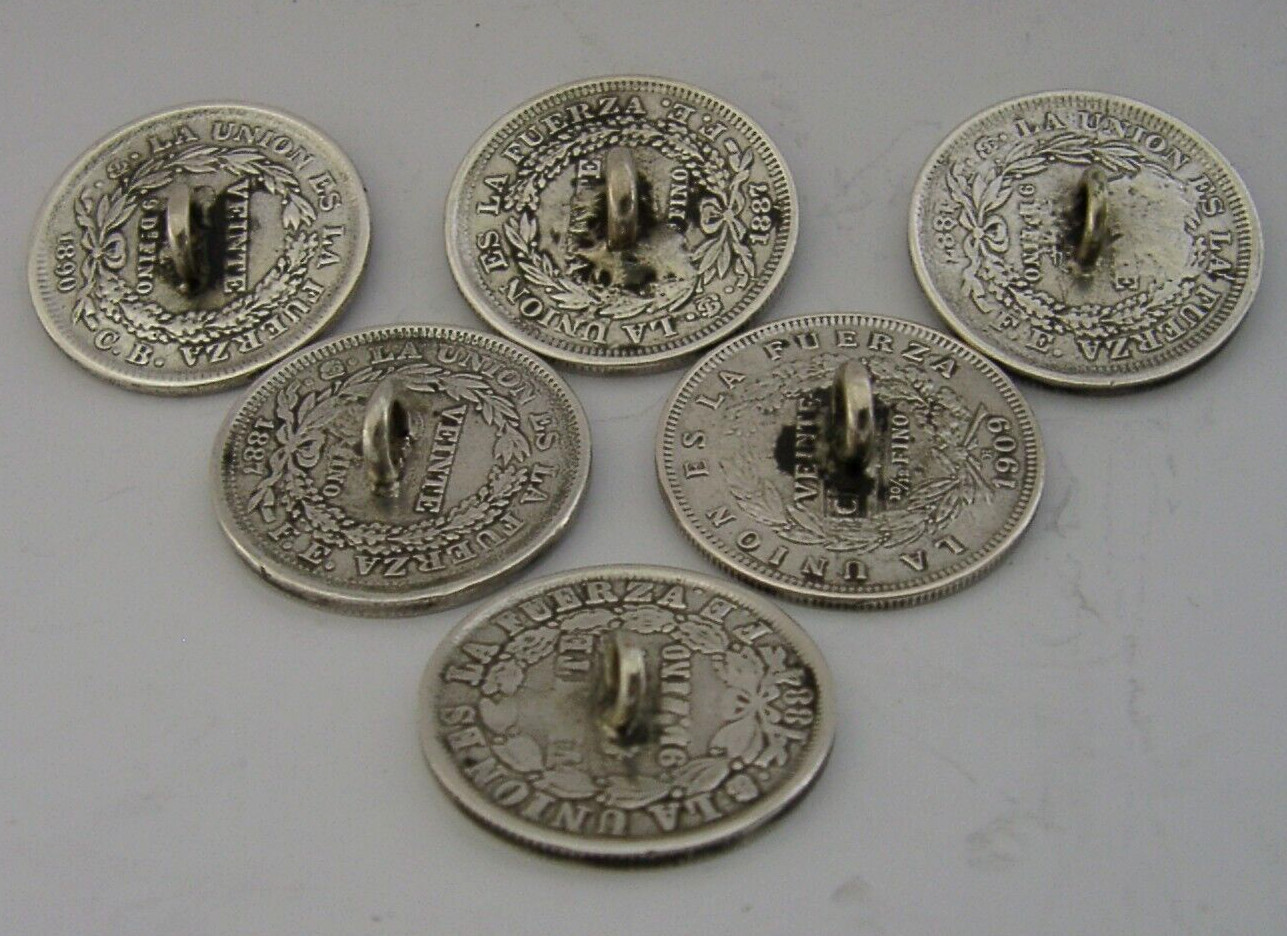 SOLID SILVER BOLIVIAN BOLIVIA COIN BUTTONS 1884 -1909 28g ANTIQUE