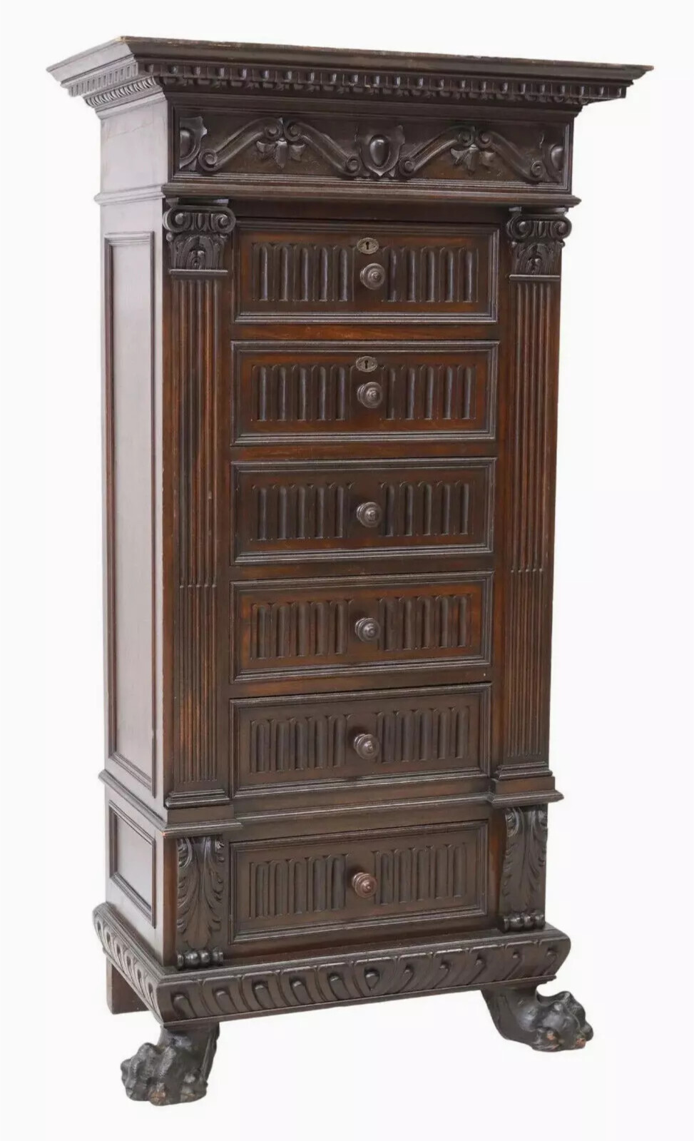 Antique Bachelor’s Chest, Italian Renaissance Style, Carved, Walnut, Early 1900s
