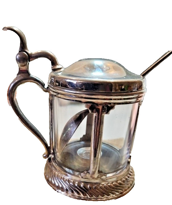 Antique Manning Bowman Silverplate Mustard Jar w Glass Insert Hinged Lid & Spoon