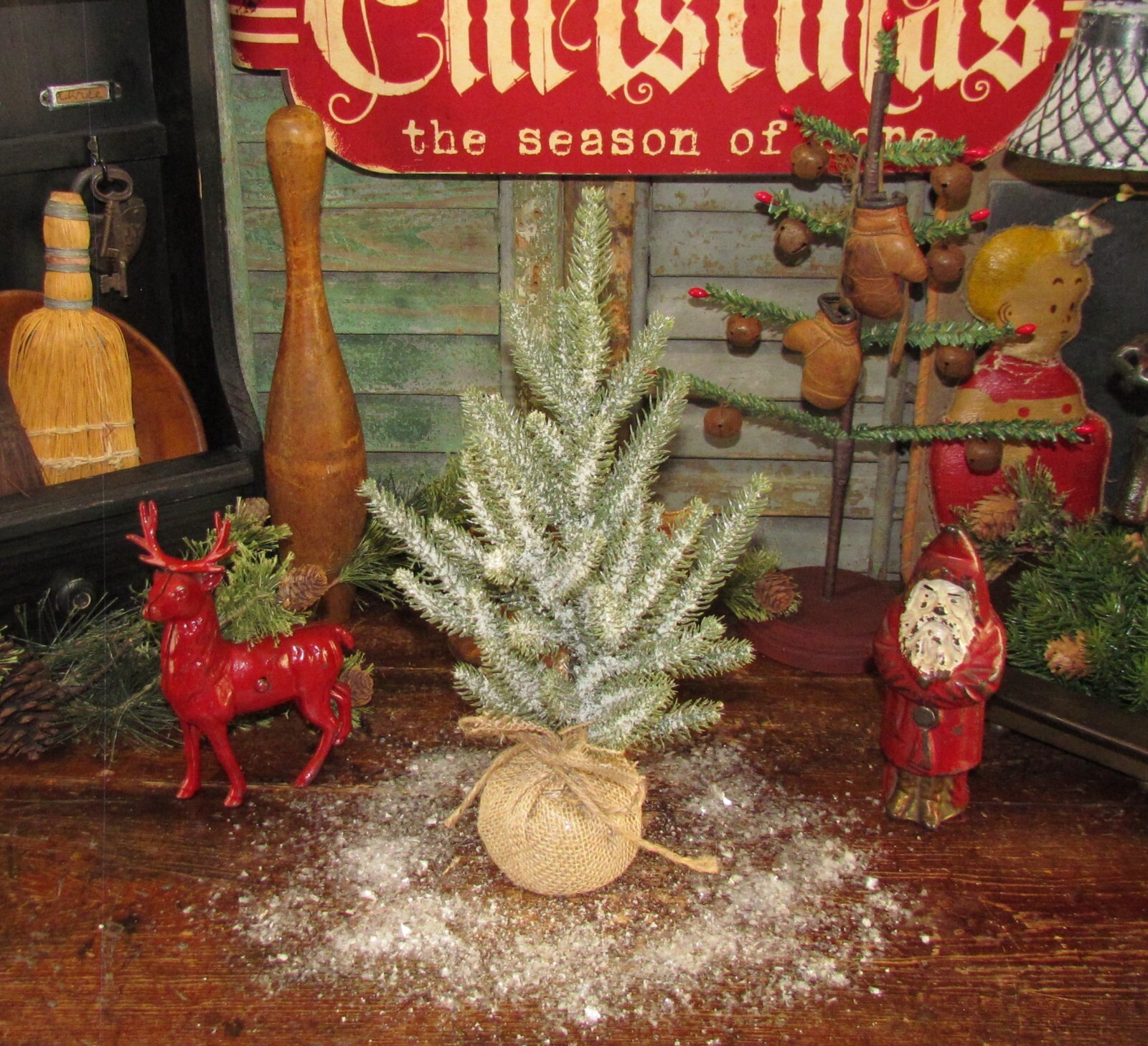 Primitive Mini Artificial Spruce Pine 12″ Snow Flocked Table Top Christmas Tree