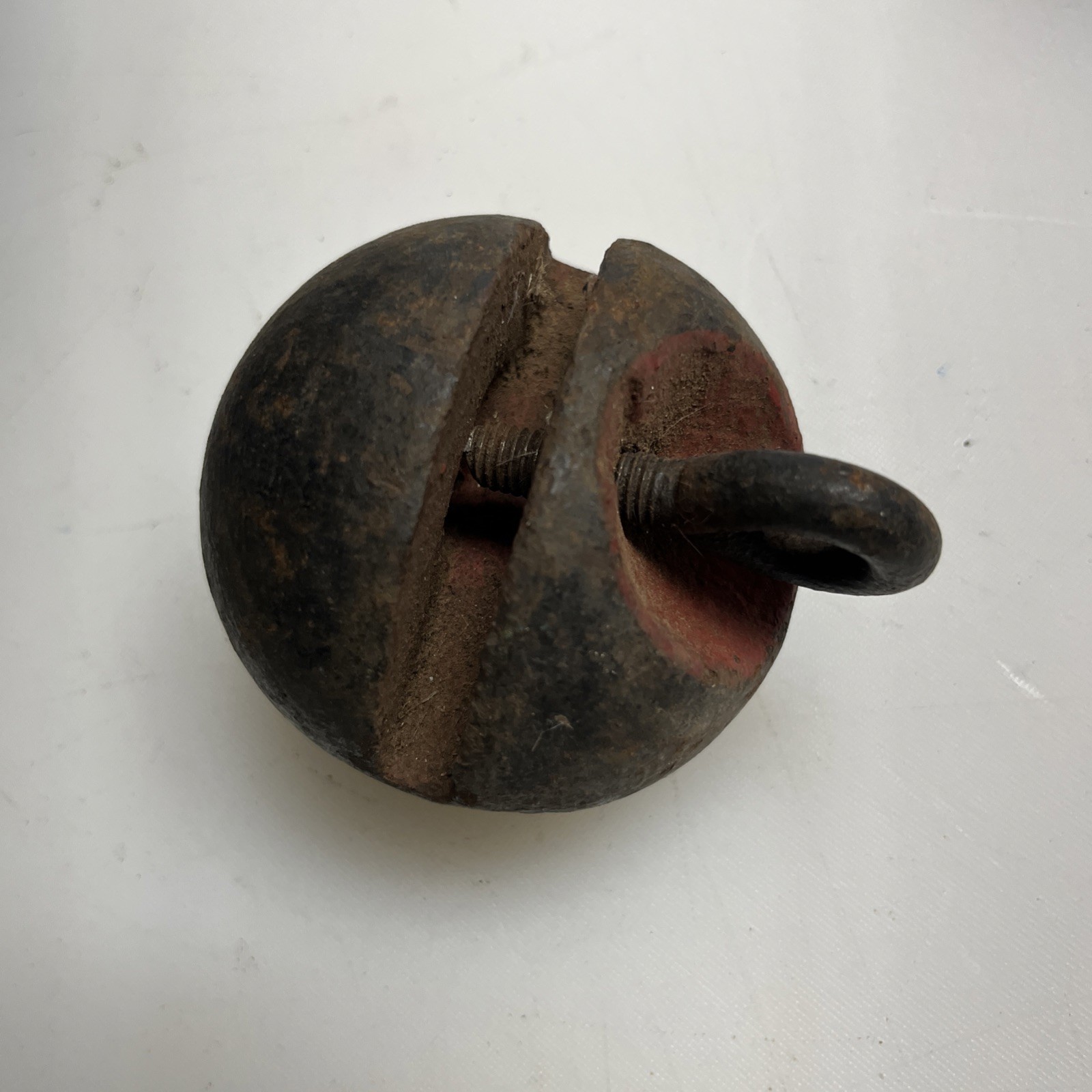 Antique Cast Iron Ball Weight w Ring Hook & 1/2 Slot weighs 4 pounds