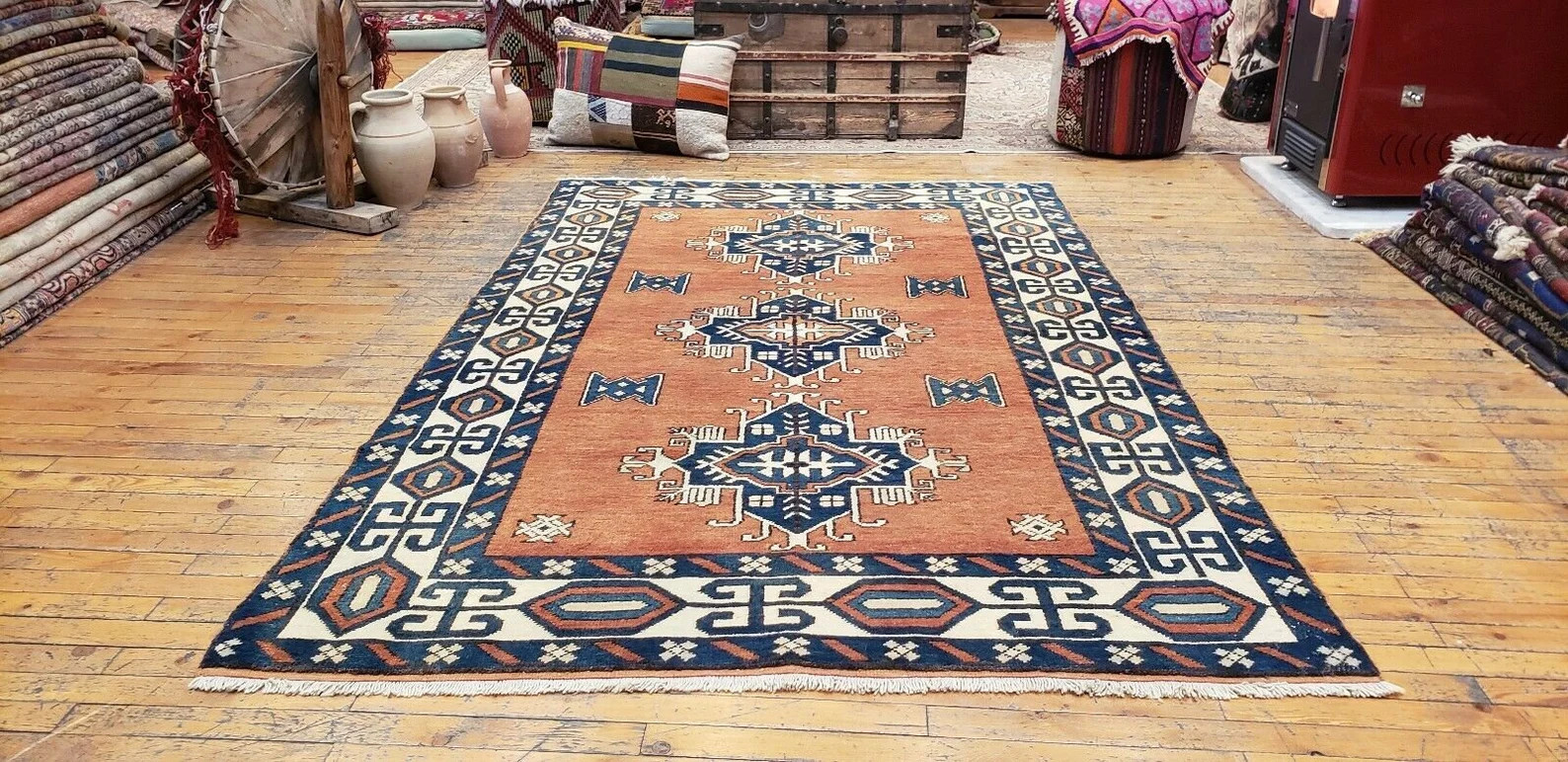 Primitive Vintage 1960-1970s, 4’6″×7′ Multi-Colored Wool Pile Armenian Rug