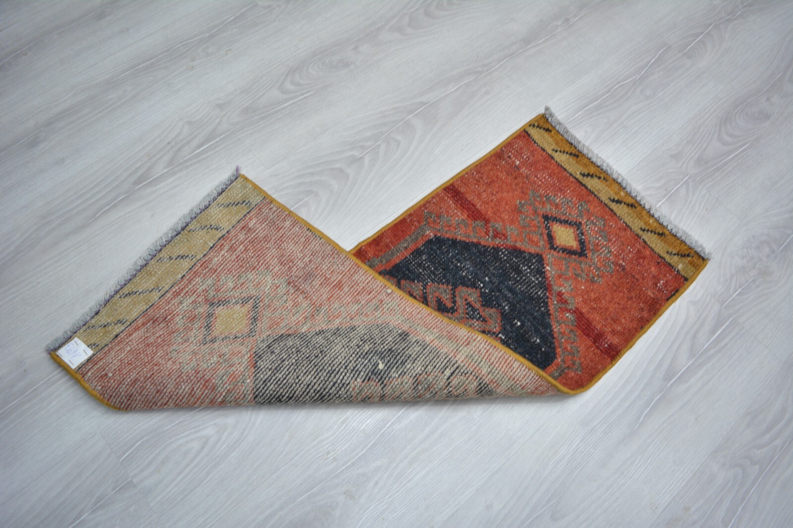 Red Antique Handmade Rug, 1.2×3.2ft, Turkish Geometric Rug, Vintage Door Mat,