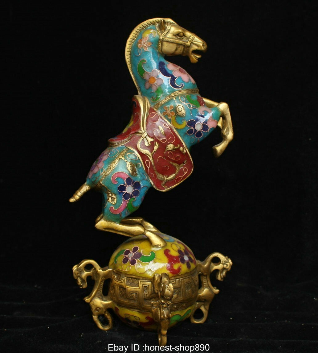 8.8″ Chinese Folk Fengshui Bronze Cloisonne Enamel Animal Dragon Horse Statue