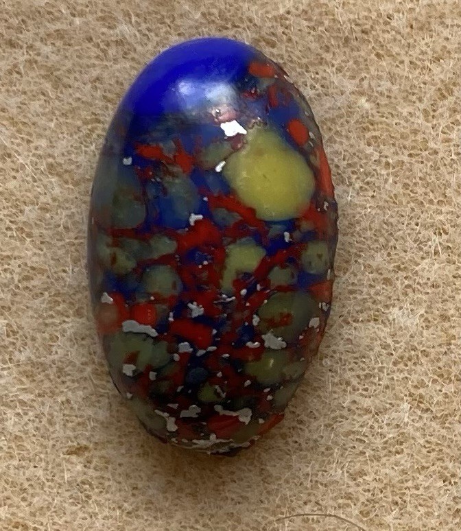 Antique Blue Glass Button w/ Red & Yellow Frits & Embedded Silver Foil by Popper