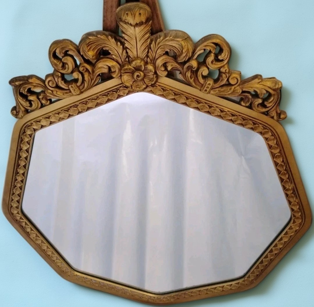 Antique Ornate Rococo Gold Gilt Timber & Plaster Gesso Mirror Plume Baroque 28″