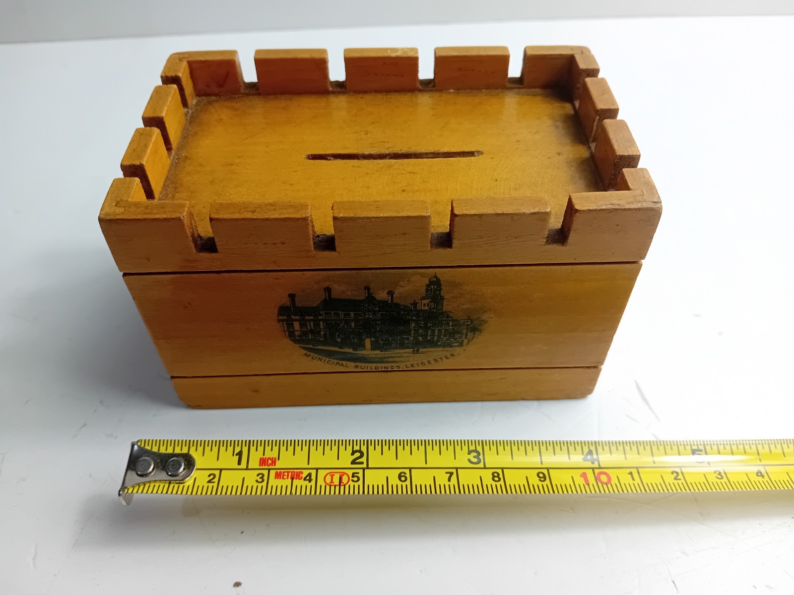 Antique Mauchlin Ware Treen Castle Shaped Money Box