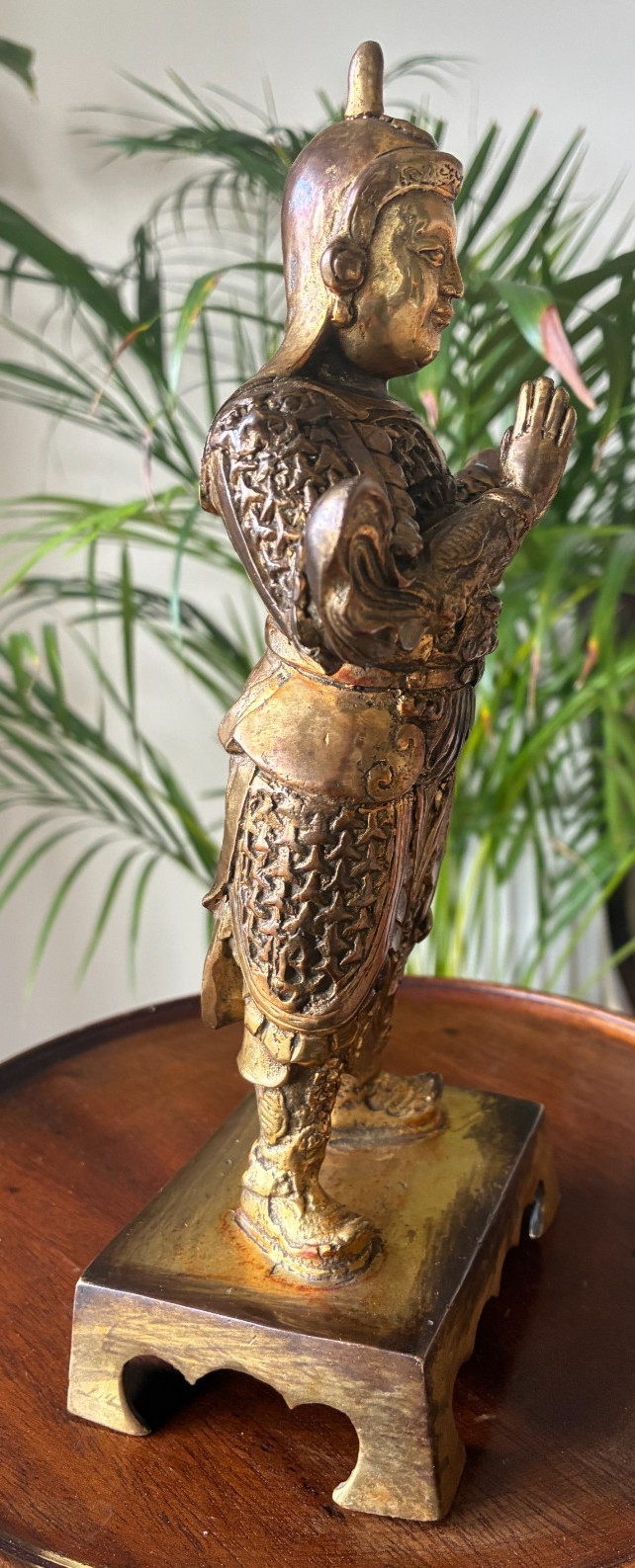 Antique Chinese gilt bronze figure of Buddhist Guardian Weituo Pusa, 23.5cm high