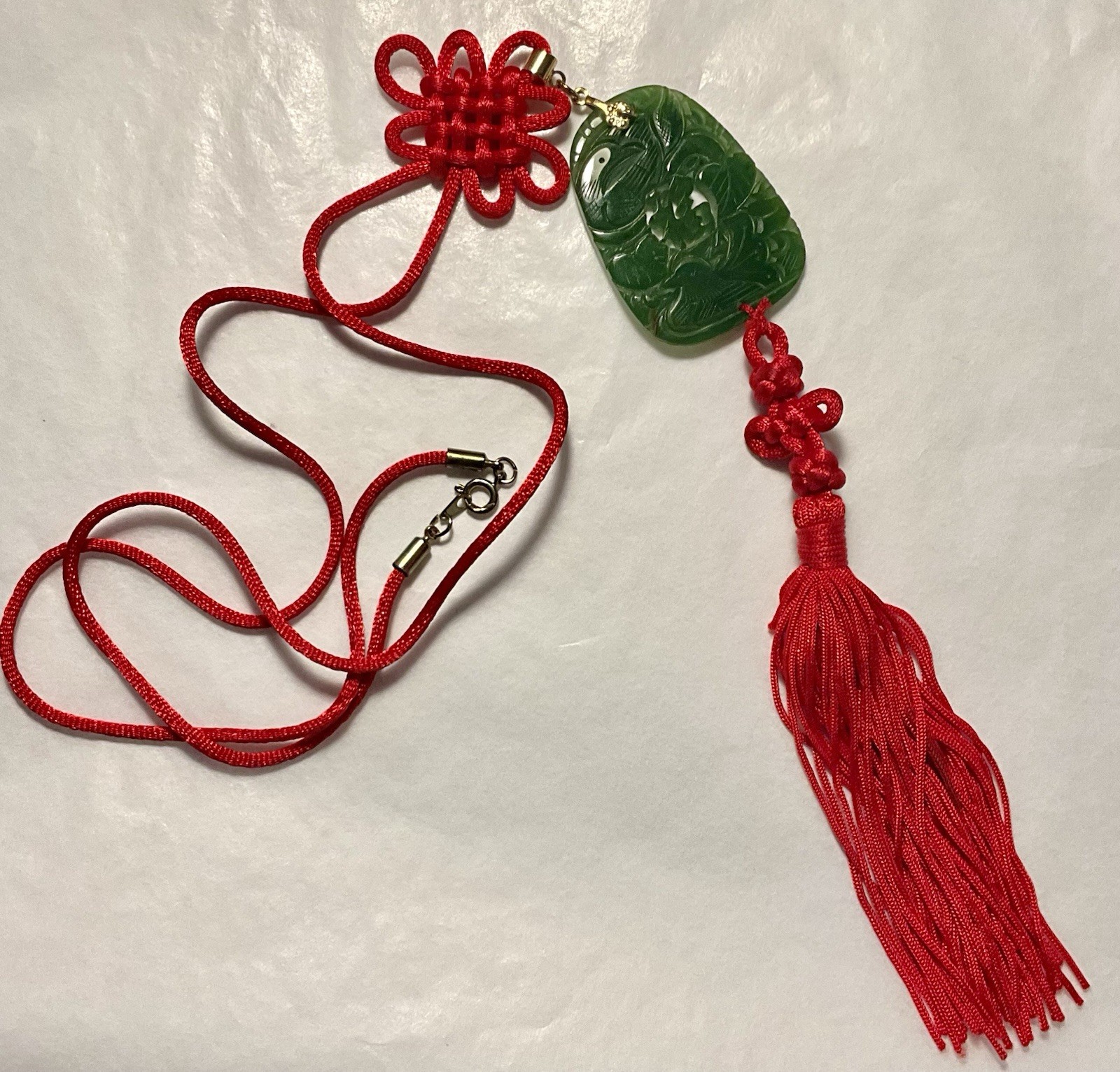 Asian Green Jade Carved Amulet Pendent Double Sided Red Silk Cord Tassels.(1045)