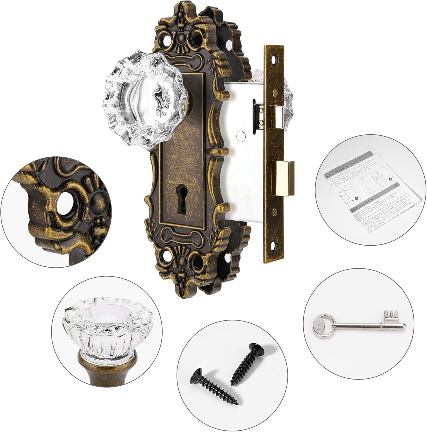 Antique Brass Glass Door Knob Set with Mortise Lock for Interior Doors, Vinta…