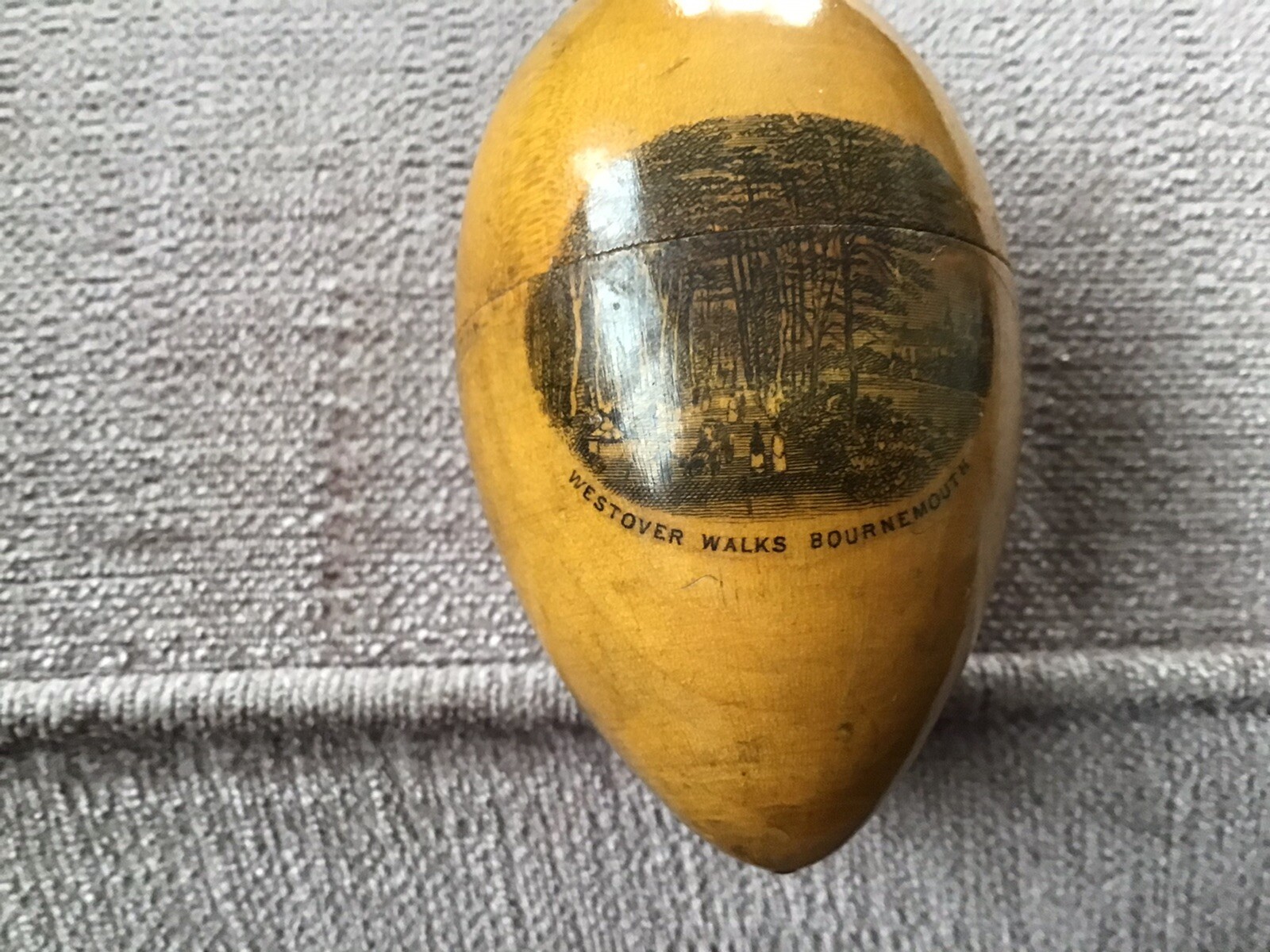 Mauchline Transfer Ware Egg Shaped Cottons Holder.BOURNEMOUTH.3”.