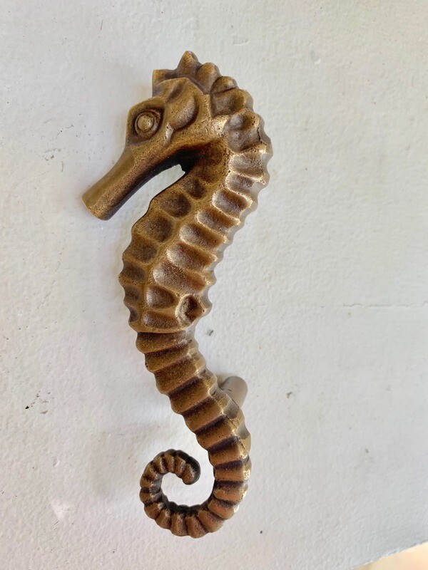 Pair Large Seahorse Solid Brass Pull Handles 6″ Back-to-Back Glass Wood Door