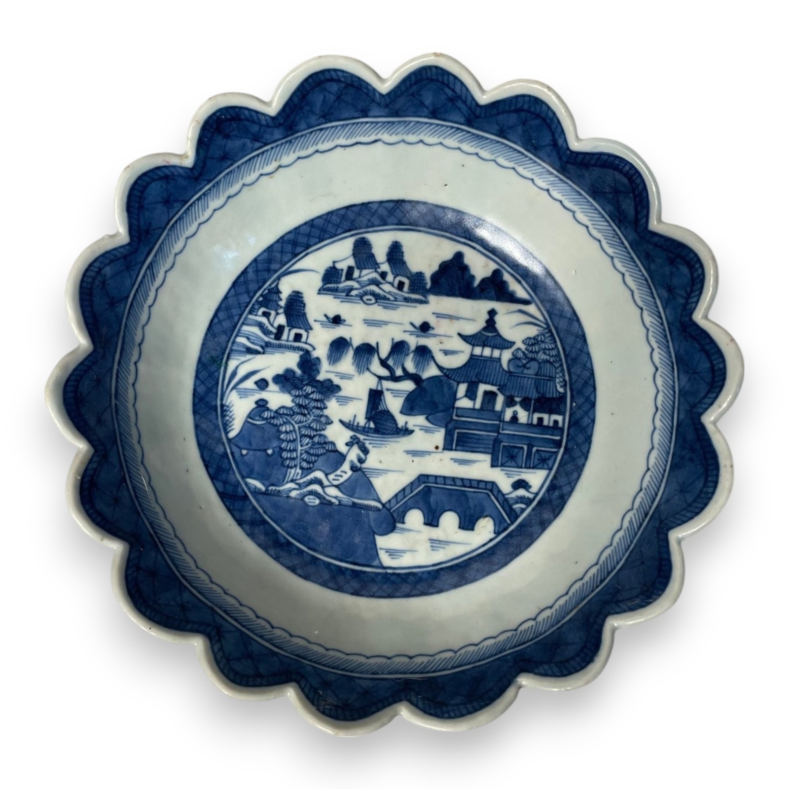 9″ Chinese Canton Blue & White Scalloped Export Bowl, c. Late 18th to Early 19th