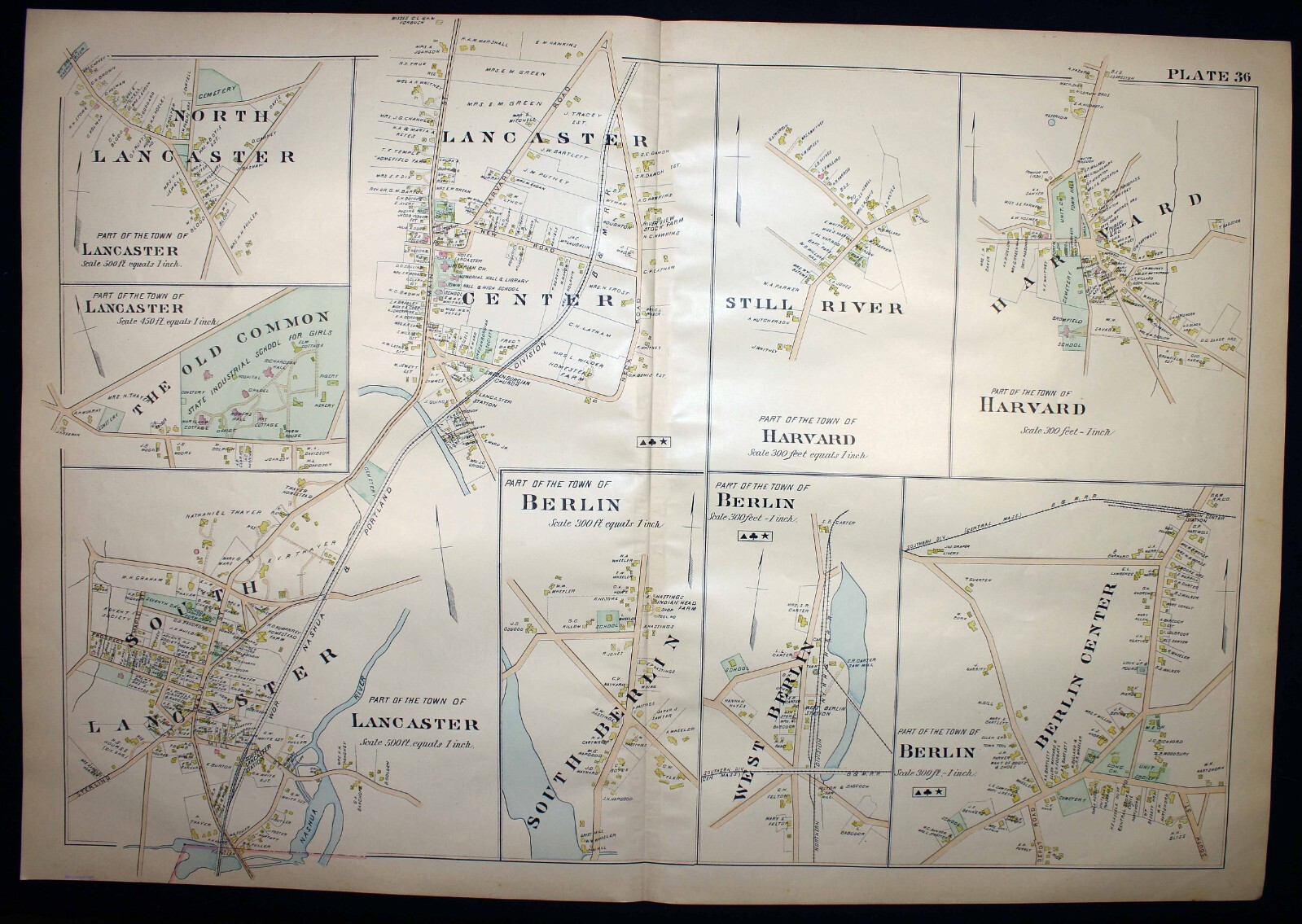 Lancaster Harvard Berlin Antique Map 1898 Worcester County Massachusetts