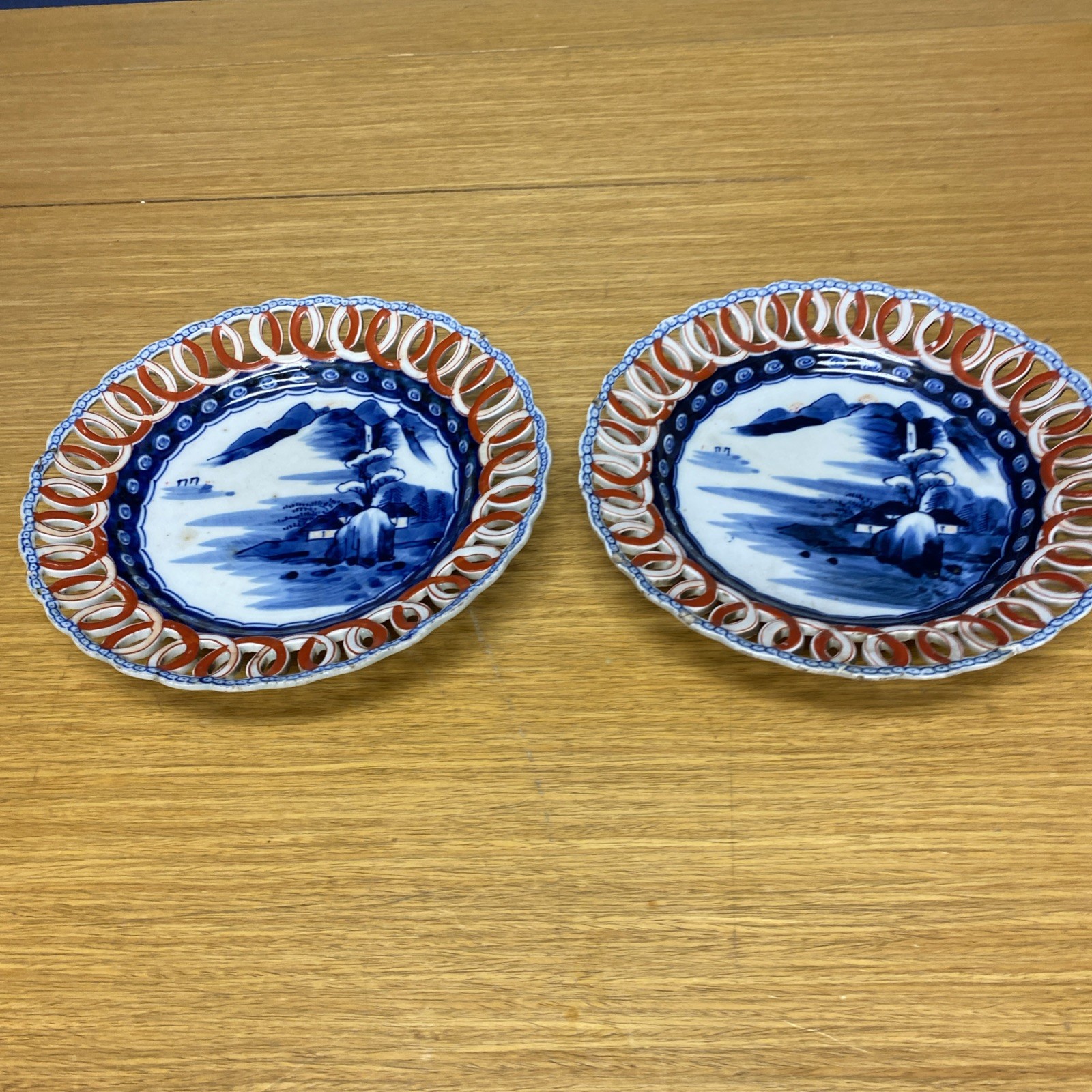 2 Antique Canton Chinese Export Blue/White Porcelain Reticulated 8 1/2” Plates