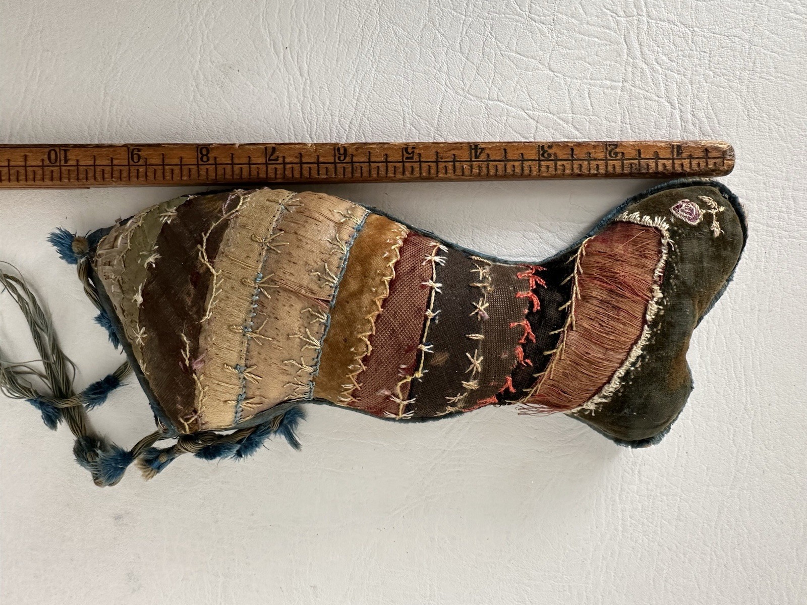 Antique Victorian PIN CUSHION Pillow Crazy Quilt, Sewing Collectible, Christmas