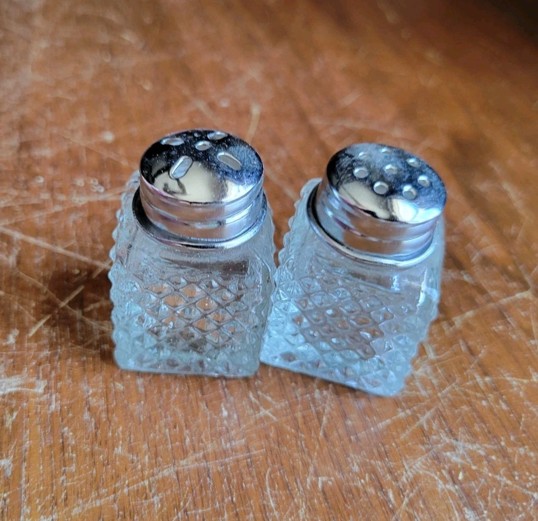 Mini Diamond Point Salt and Pepper Shakers on Designated Mini Silver Plated Tray