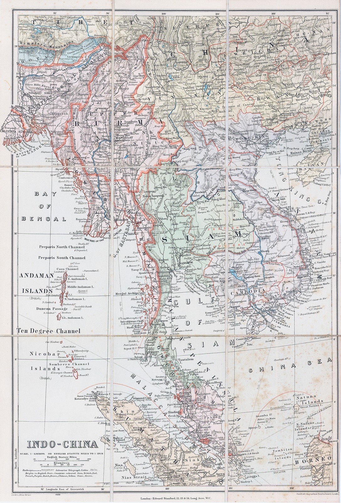 c1909 Folding Map SOUTH EAST ASIA THAILAND MALAYSIA VIETNAM Indo-China