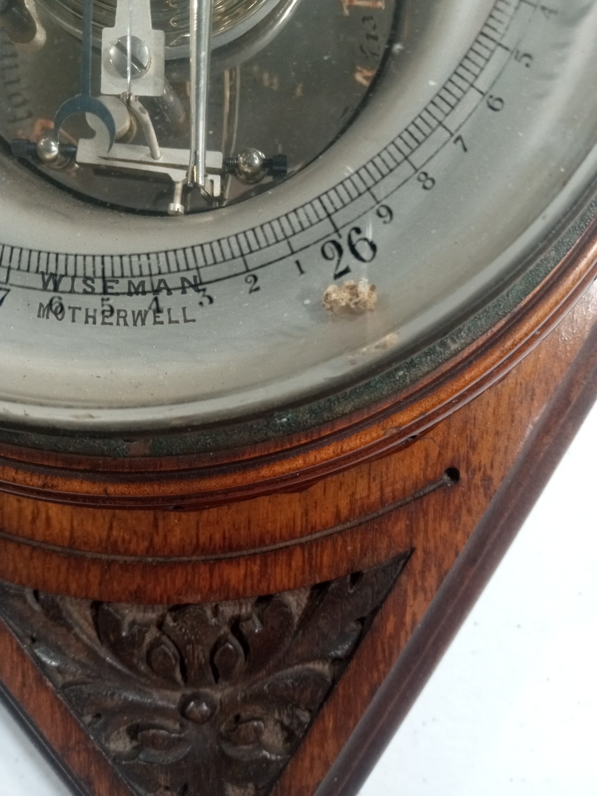 Rare Antique Scottish Barometer Motherwell Scotland Wiseman Carved Inlaid Wood