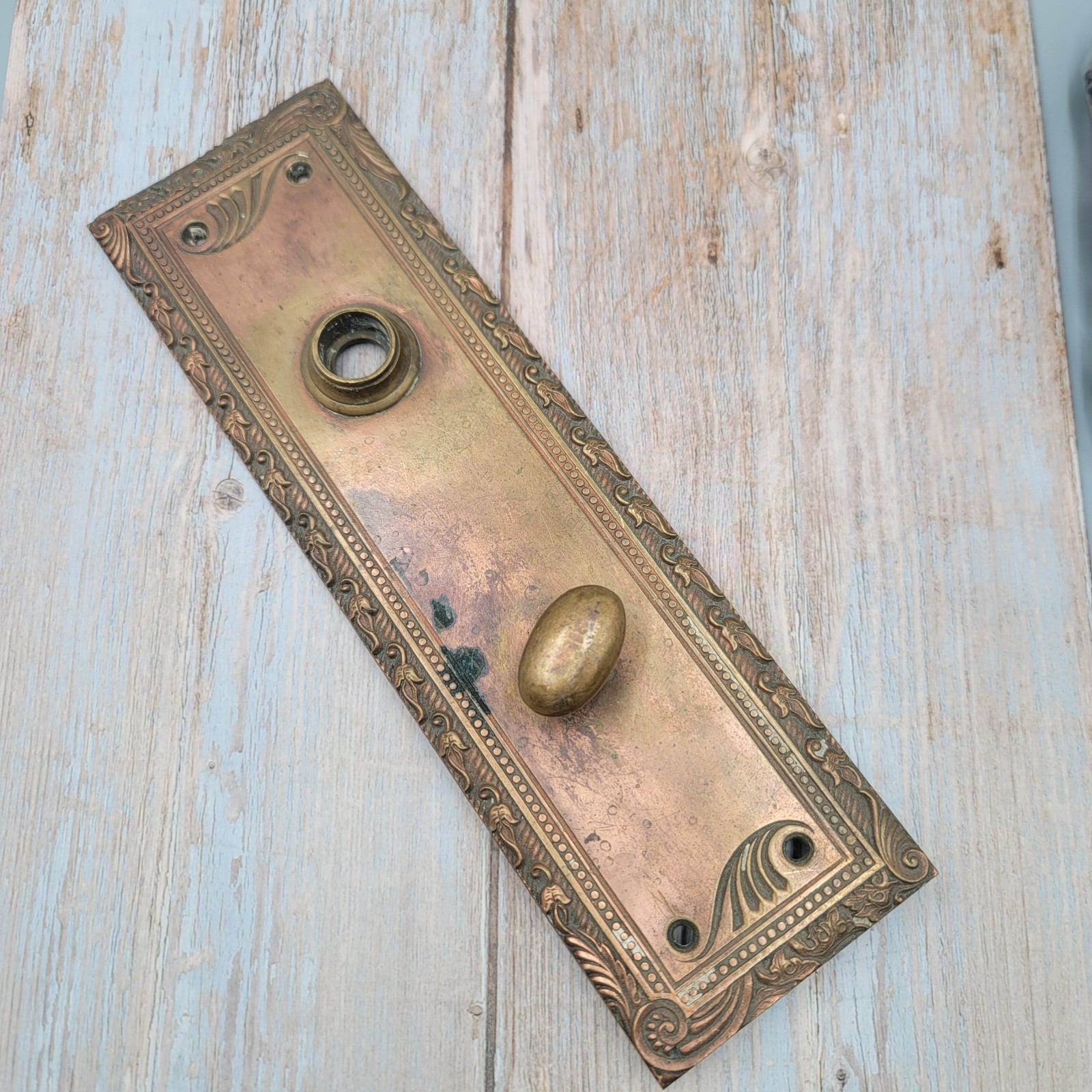 Vintage Ornate Solid Bronze Doorknob Back Plate w Thumb Lock 10 in 3 5/8″ctc
