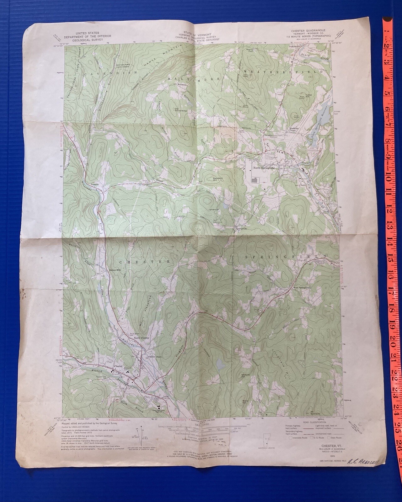 1972 USGS Topo Green Map CHESTER, VT 7.5 Minute Quadrangle ~Vintage 21.5×27 in