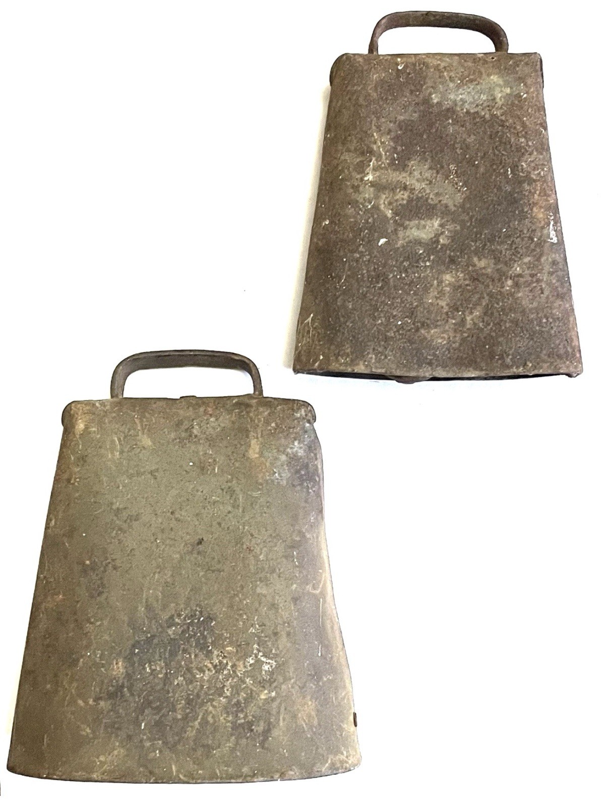 Antique Primitive Cow Bell Lot Of 2 Fold Over Riveted 4.75 & 5.5” Rusty Farm