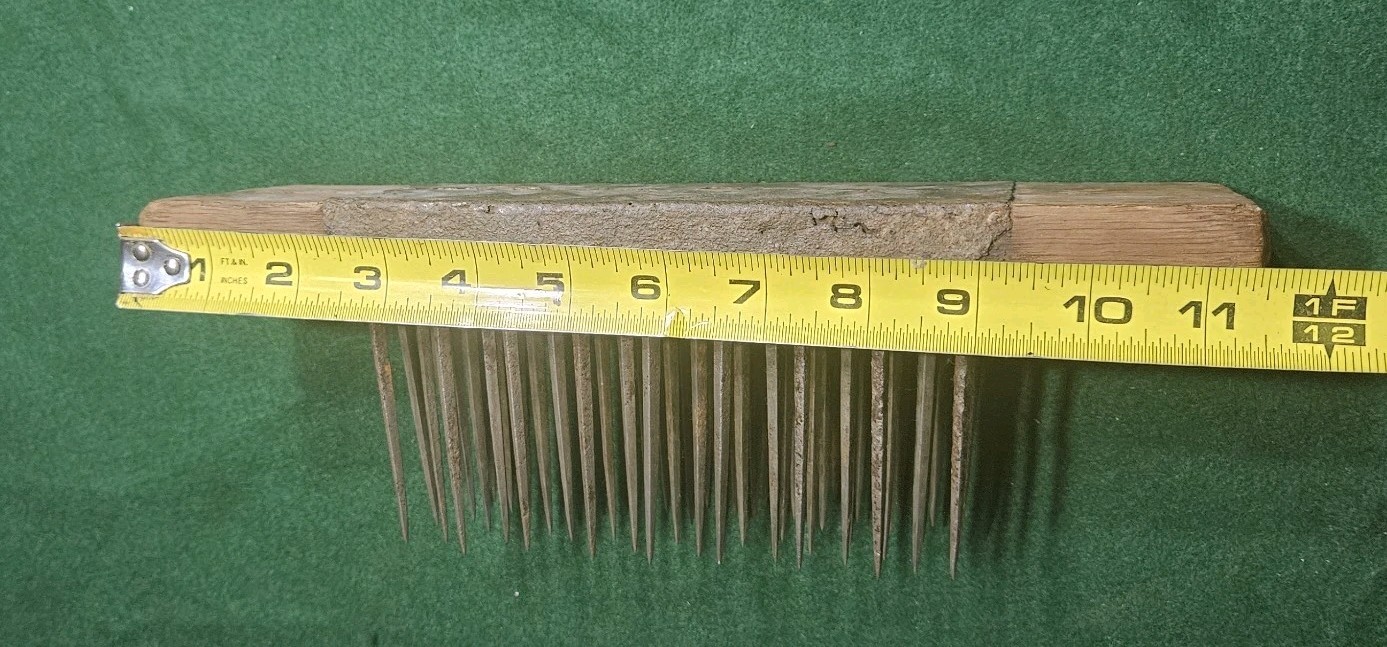 Antique Primitive Flax Hetchel Wool Comb 11.5″ Long Farm Stamped Metal / Wood