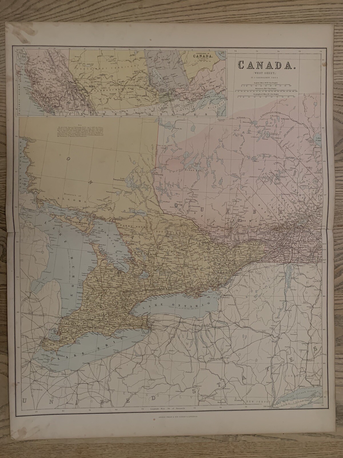 1883 CENTRAL & EASTERN CANADA NEWFOUNDLAND MAP BY GEORGE PHILIP 69 cm x 54 cm