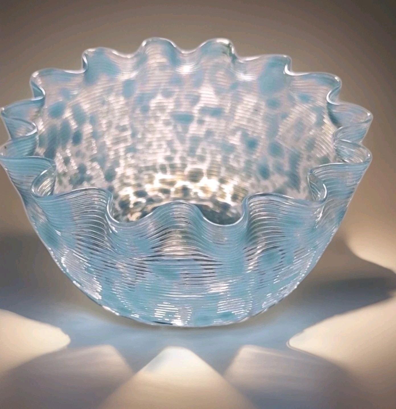 Victorian Opalescent Threaded Glass Bowl 5″ Stourbridge Blue White Ruffled Rim