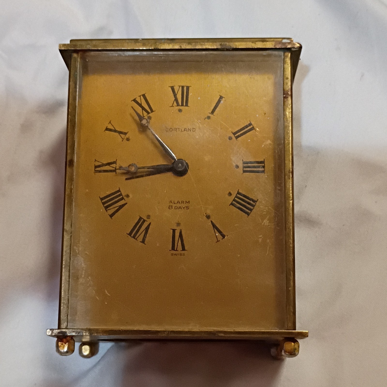 Vintage Cortland Alarm Clock Brass 8 Day Swiss Made #206 Wind Up