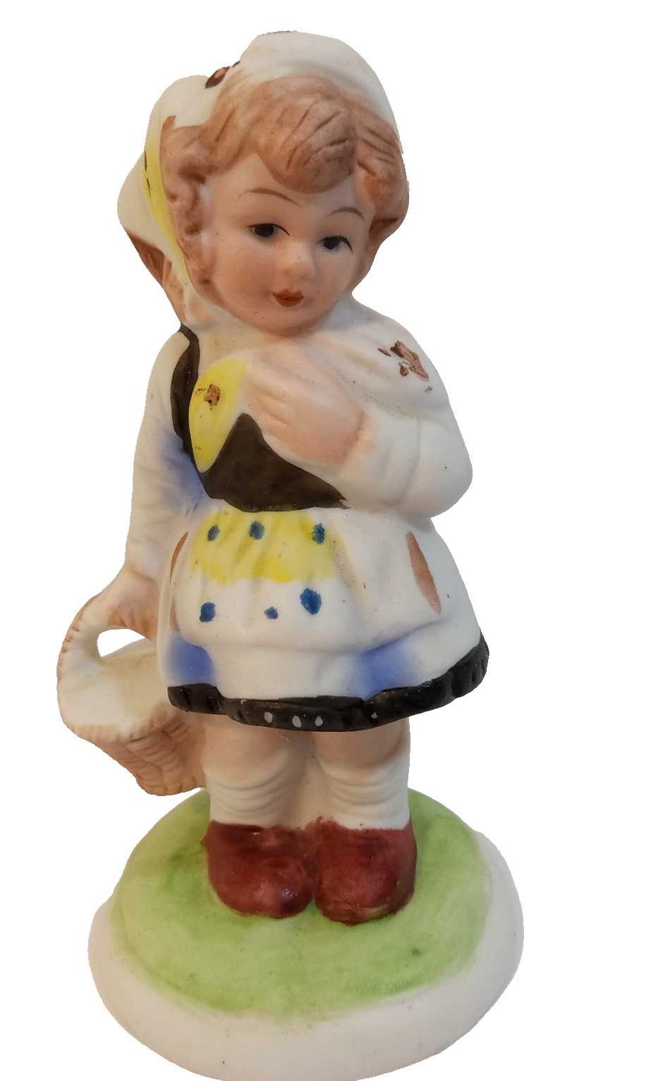 Vintage Ceramic Girl Figurine White Yellow Black 5″ Holding An Empty Basket 1986